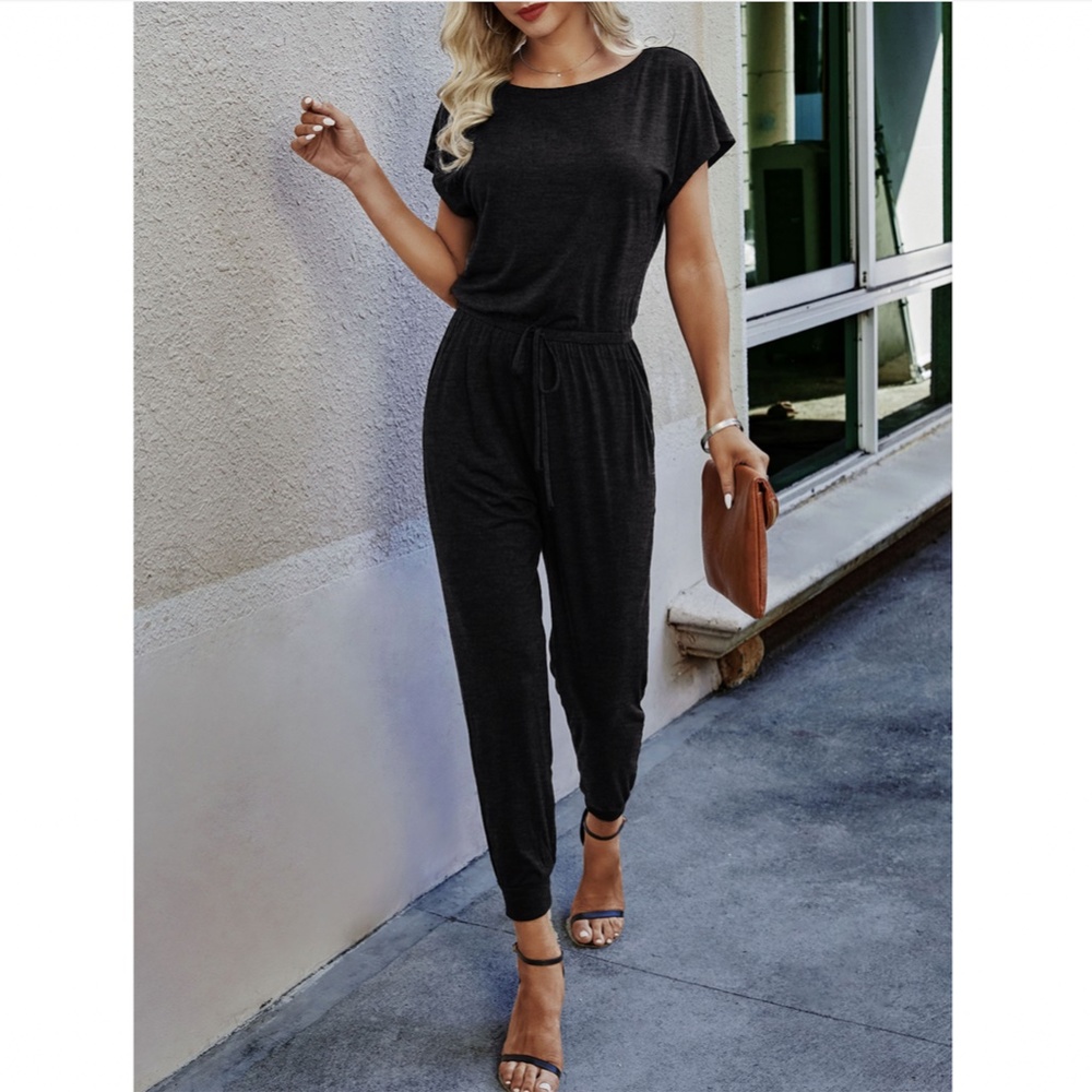 Casual Black Jumpsuit Drawstring Waist - Picture 9 of 17